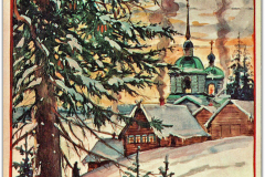 Подпись «ИК»  Ель, пень, белка, снег, деревня, сумерки. Издана до 1960-г.